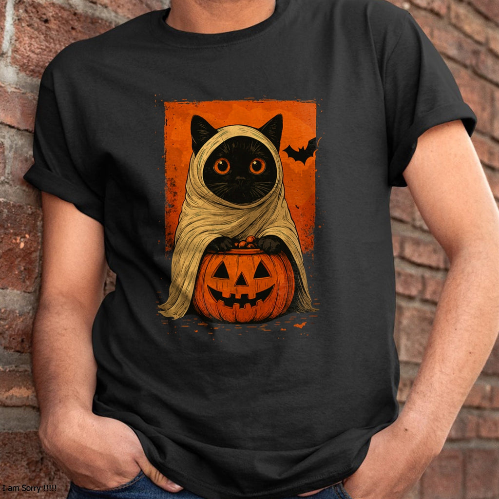 Divertida camiseta para mujer con diseño vintage de gato negro, calabaza de Halloween y fantasma espeluznante - Camiseta/Sudadera con capucha unisex de Halloween - NGHL00