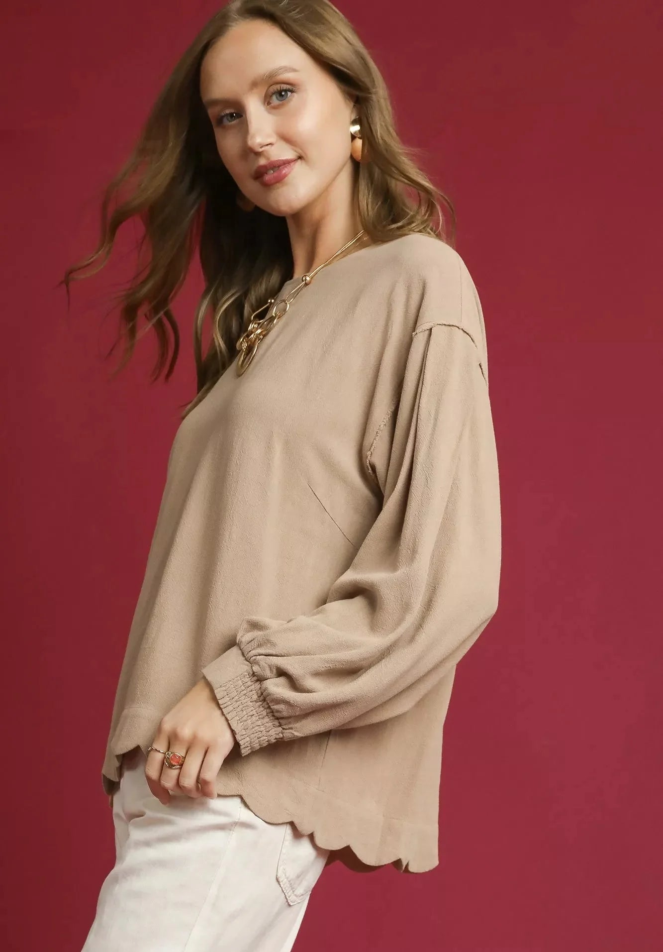 Umgee Linen Scallop Hem Long Sleeve Blouse | Fitiquefit