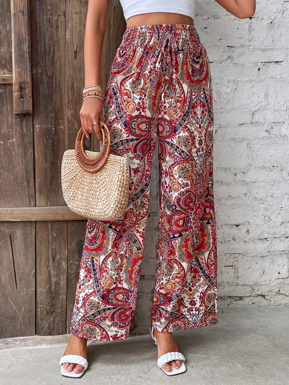 Women's Paisley Print Wide-Leg Pants – Boho Smocked Elastic Waist Tie-Up Flowy Trousers
