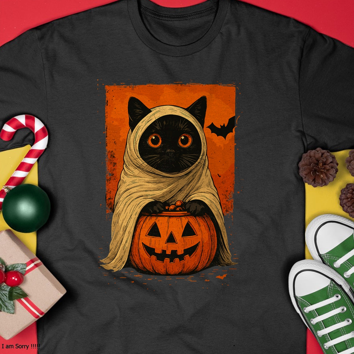 Divertida camiseta para mujer con diseño vintage de gato negro, calabaza de Halloween y fantasma espeluznante - Camiseta/Sudadera con capucha unisex de Halloween - NGHL00