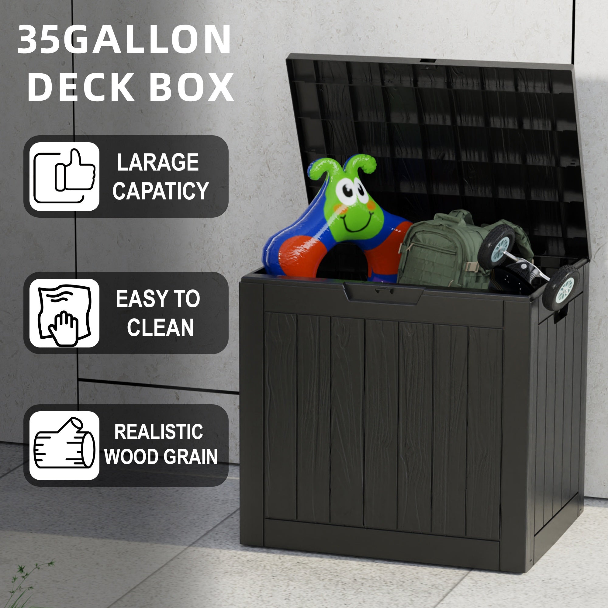 Arcón de almacenamiento de resina para exterior de 35 galones – Negro/Aspecto madera