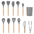 Juego de utensilios de cocina de silicona de 11 piezas, resistentes al calor, mango de madera, espátula de silicona, volteador, cucharón, servidor de espagueti, pinzas, cuchara, batidor de huevos, juego de utensilios de cocina con soporte
