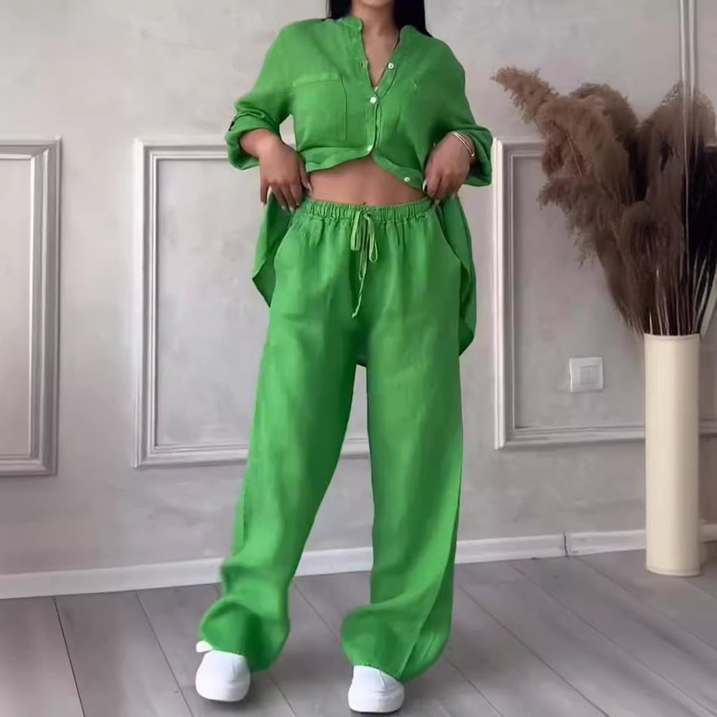 Wide-Leg Pants & Lace-Up Top Two-Piece Set – Solid Color, 12 Colors S–5XL