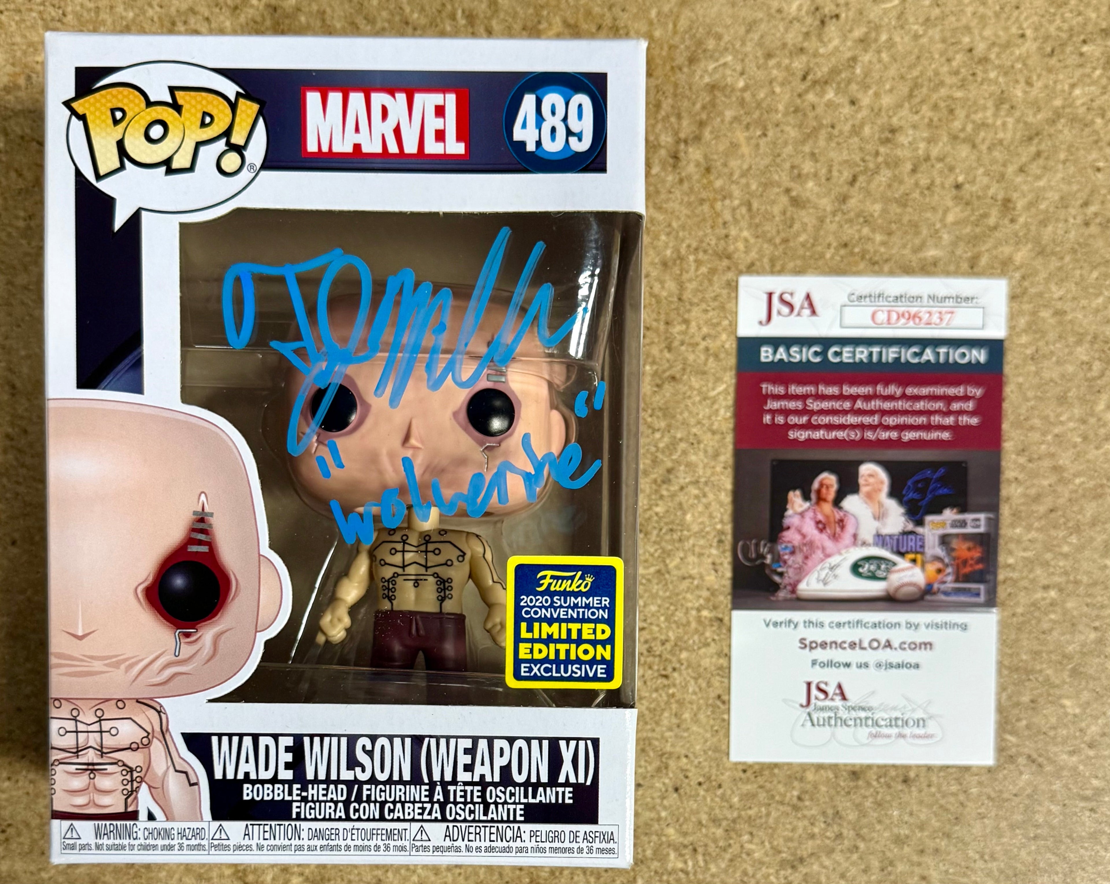 TJ Miller “Weasel” Firmado Marvel Wade Wilson (Weapon XI) Funko Pop! #489 SDCC 2021 Exclusivo Descatalogado JSA COA