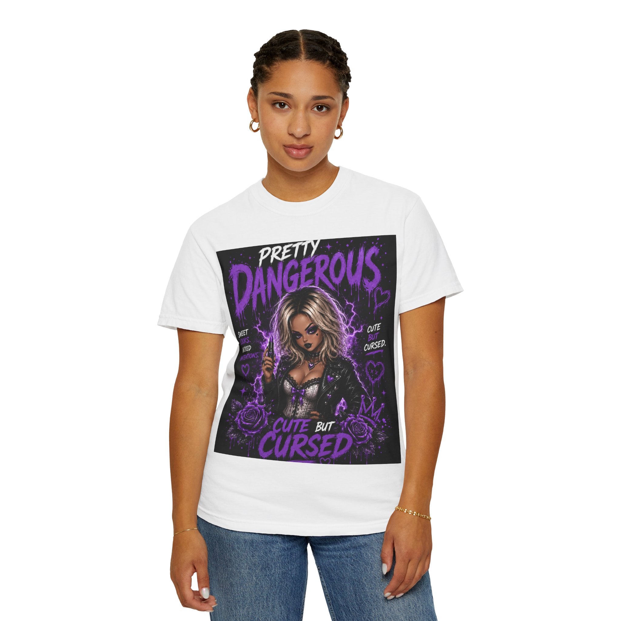 Pretty Dangerous "Cute But Cursed" T-Shirt — Gothic Purple Graphic Tee