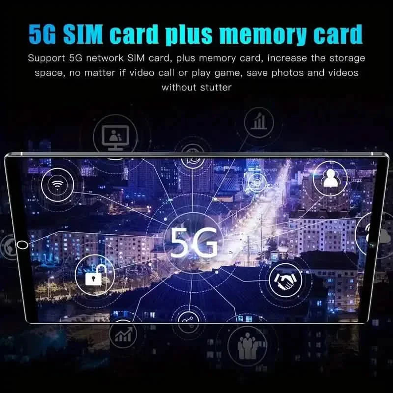 Tablet inteligente 5G de 10.1 pulgadas - Ranuras para doble tarjeta SIM, 8 GB de RAM, 256 GB de almacenamiento, cámara de 24 MP + 48 MP + Más