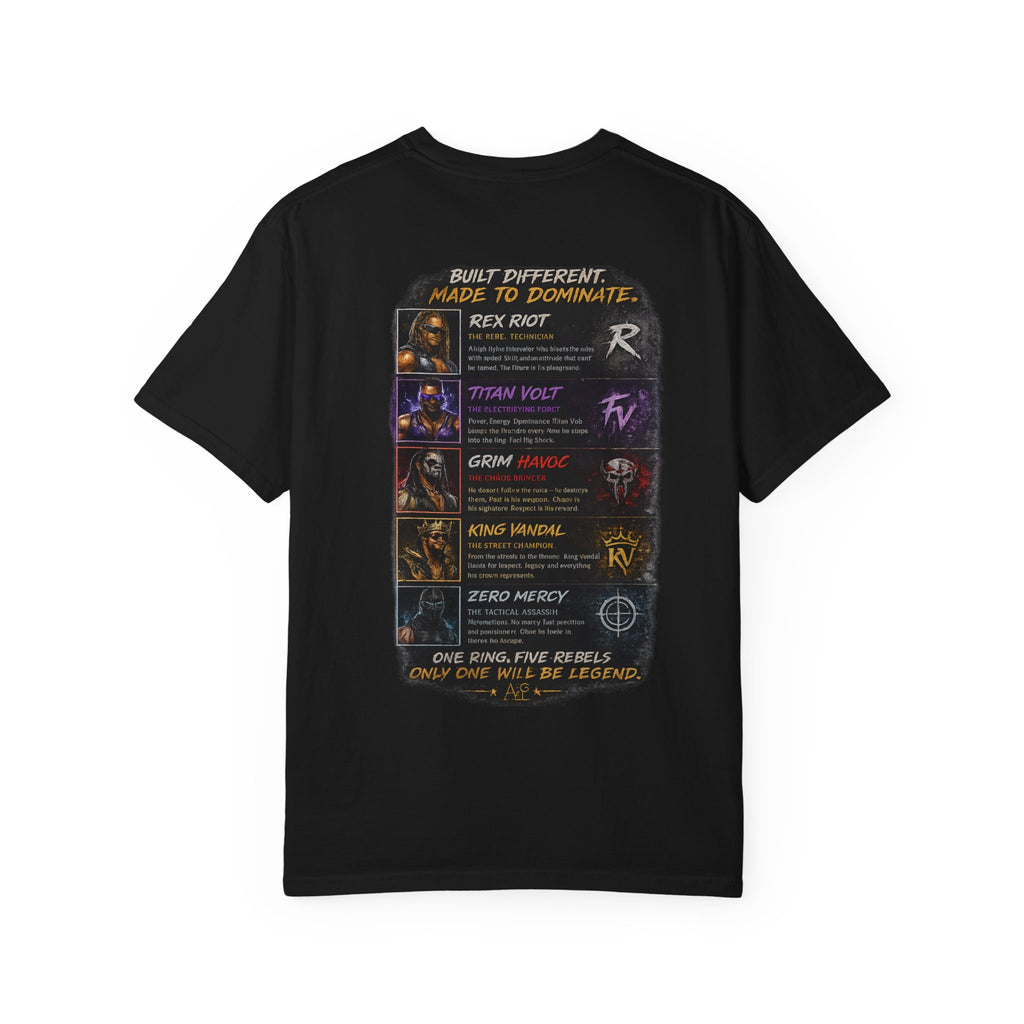 Playera — Camiseta gráfica Ring Rebels (Rex Riot, Titan Bolt, Grim Havoc, King Vandal, Zero Mercy)