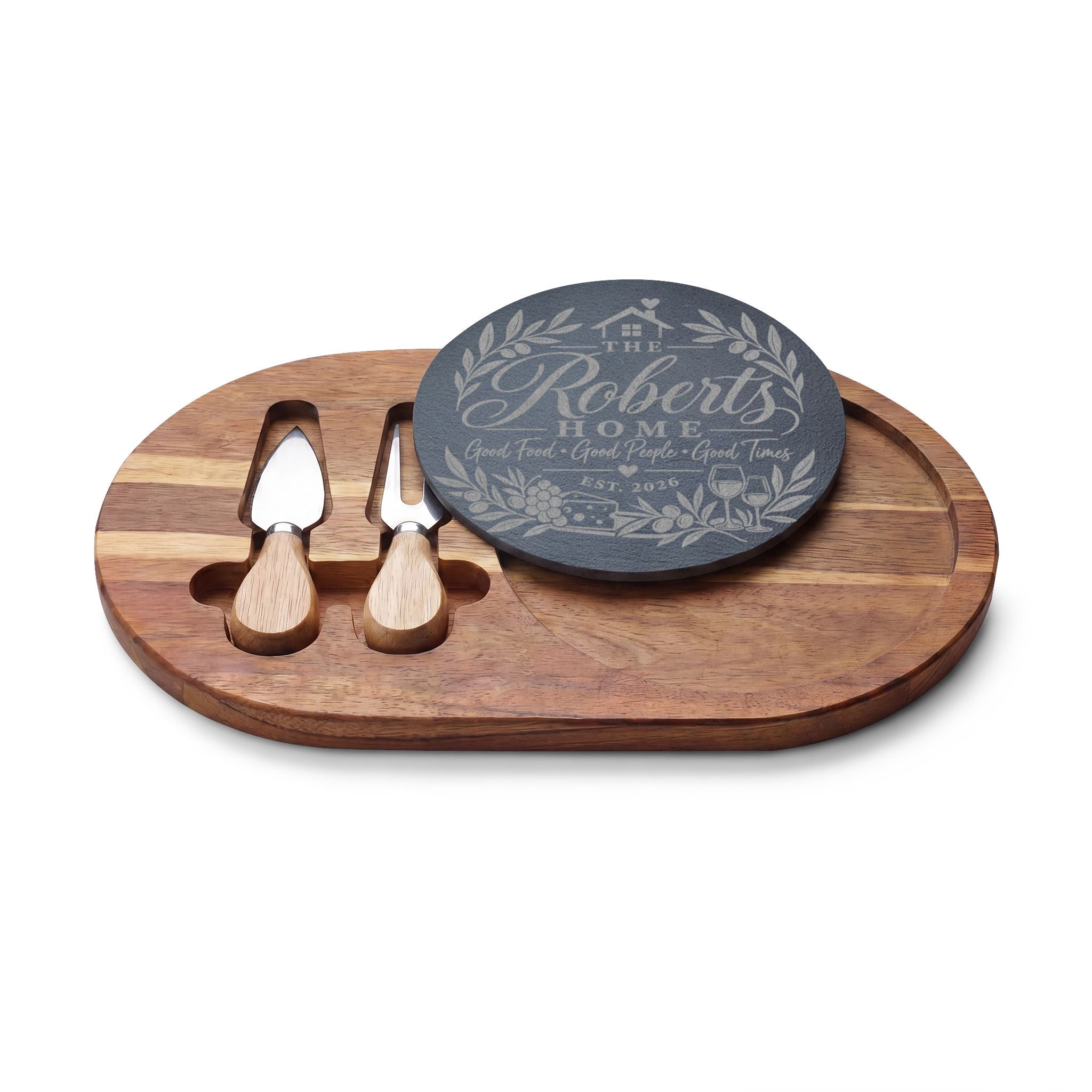 Personalized Engraved Charcuterie Board — Custom Family Name Cheese Serving Set
