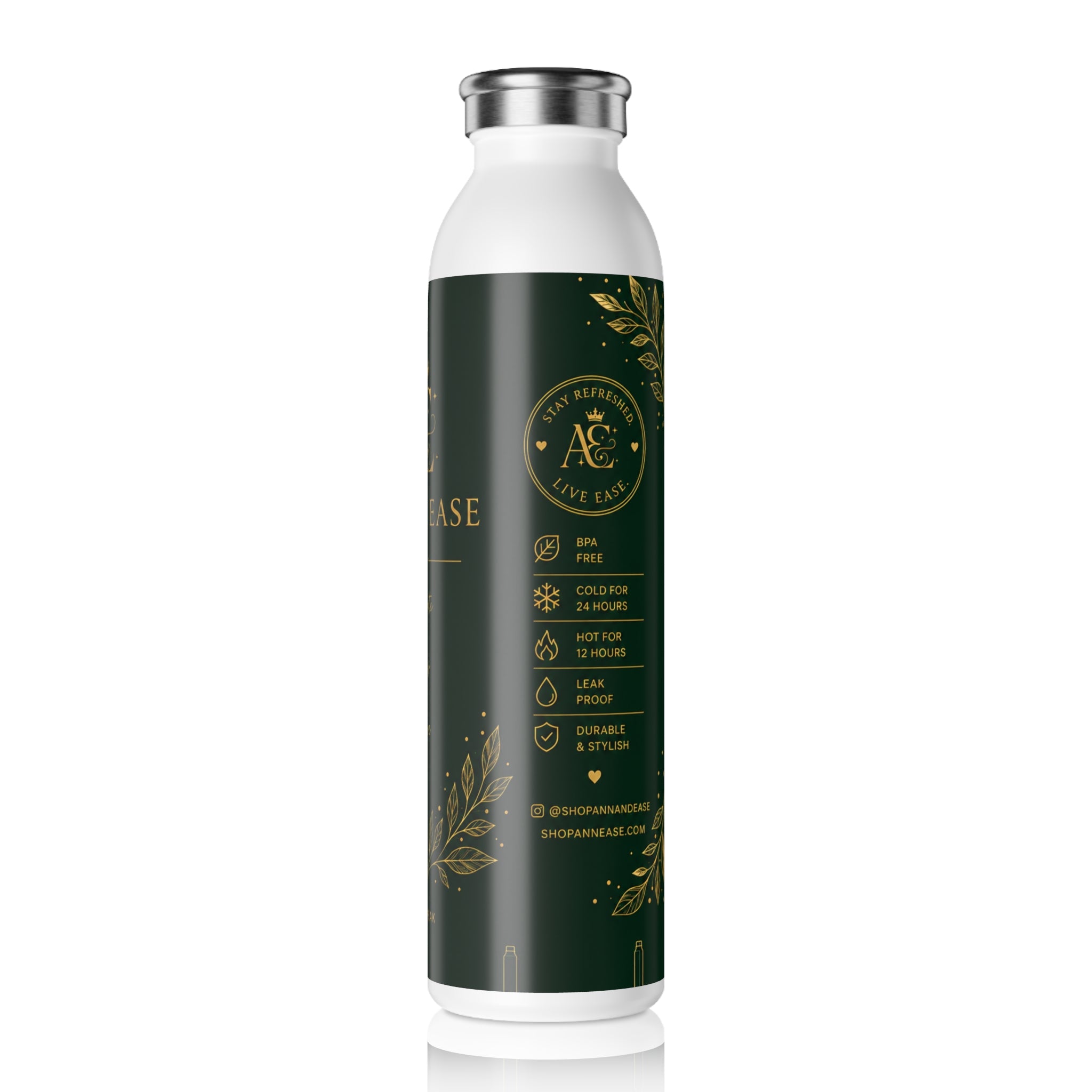 Botella de agua delgada con monograma — Botella personalizada elegante verde y dorada