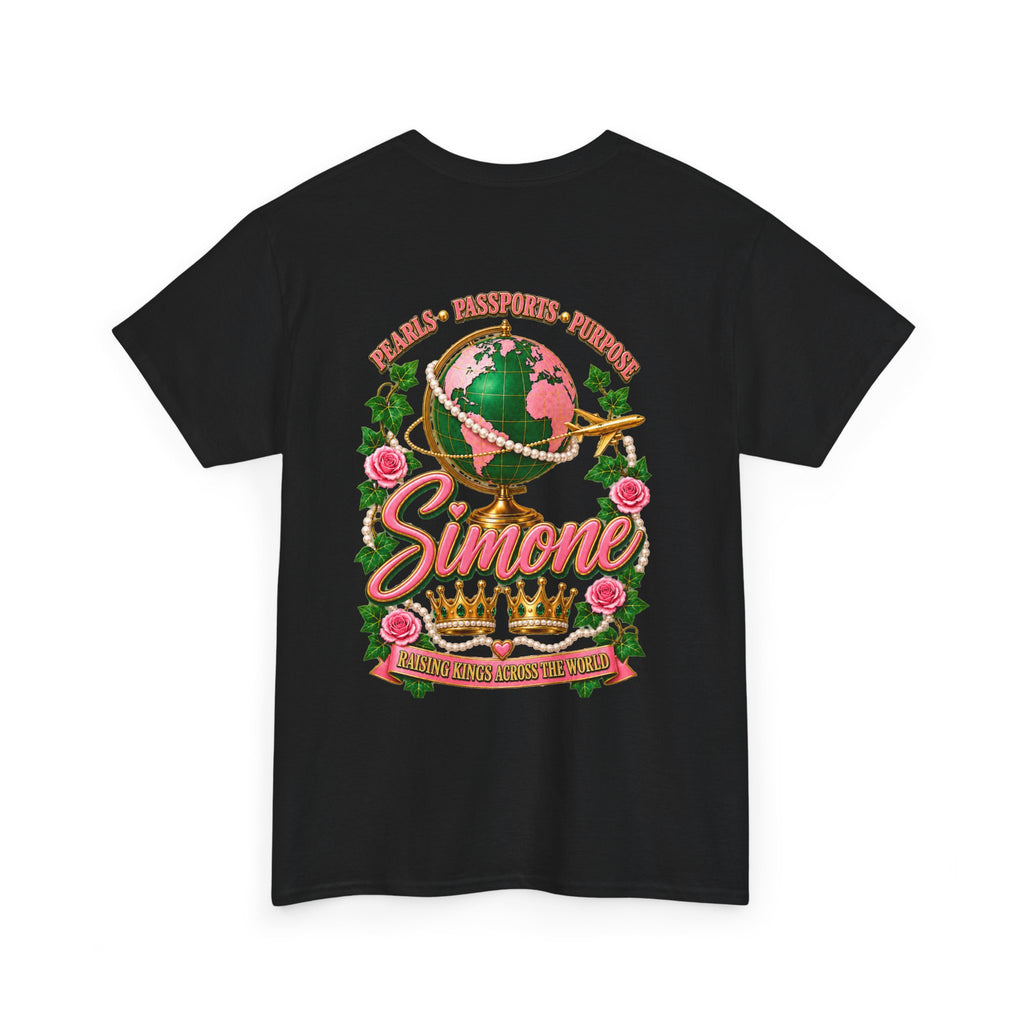 AKA Simone Globe Crown T‑Shirt — Pink & Green Sorority Travel Tee