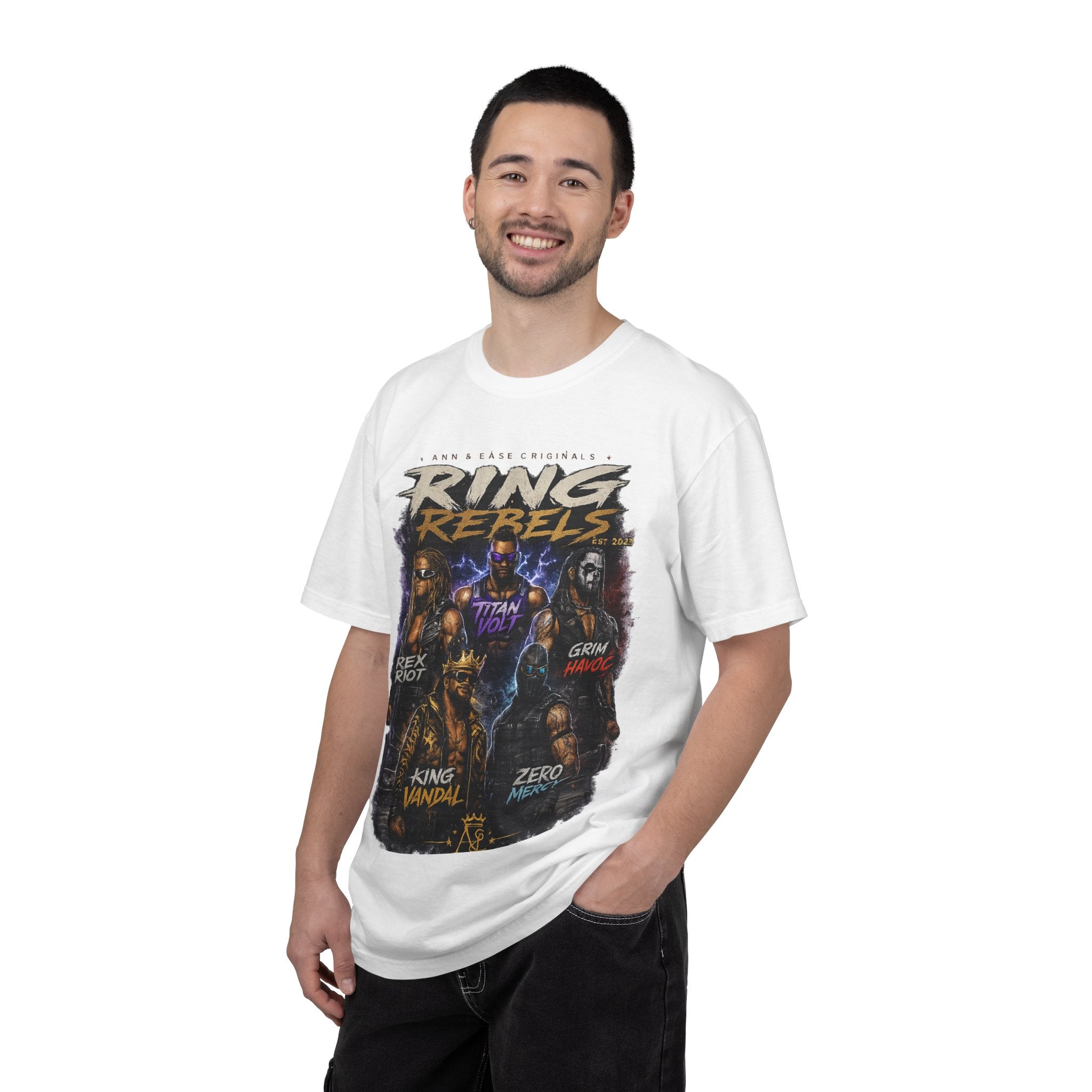 Playera — Camiseta gráfica Ring Rebels (Rex Riot, Titan Bolt, Grim Havoc, King Vandal, Zero Mercy)