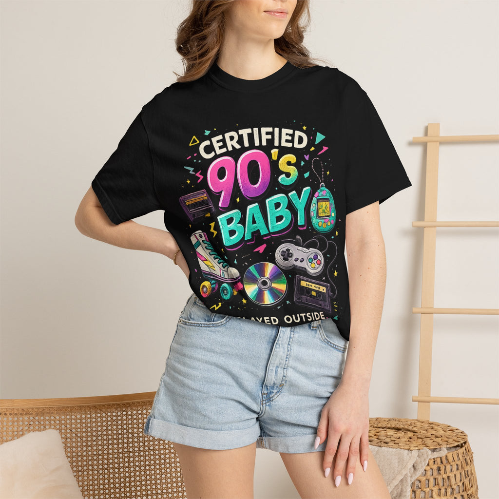 90's Baby T-Shirt — Retro 90s Nostalgia Tee with Cassette, Gamepad & Rollerblade Graphics