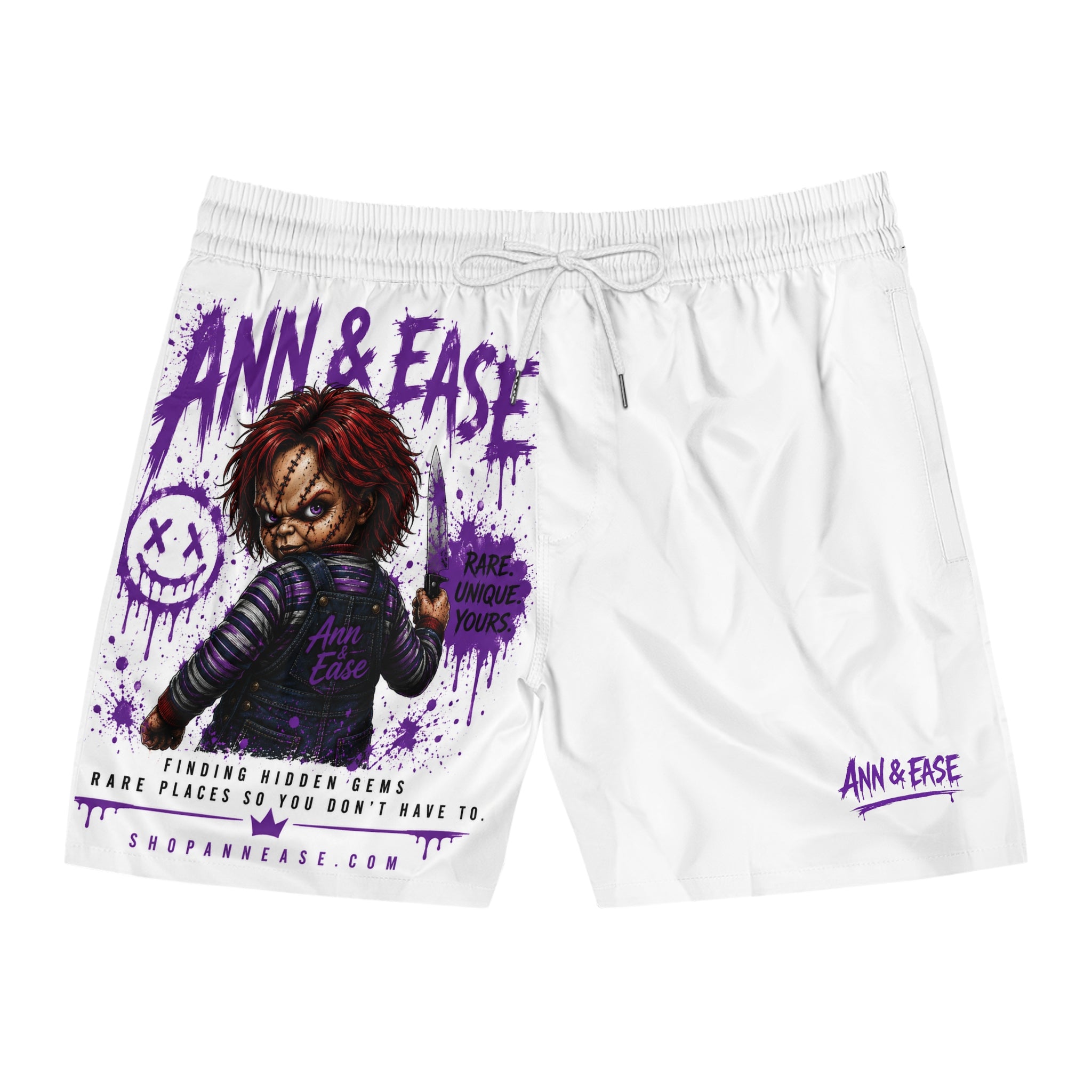 Chucky Style Graphic Swim Shorts — Ann & Ease Horror Beach Trunks