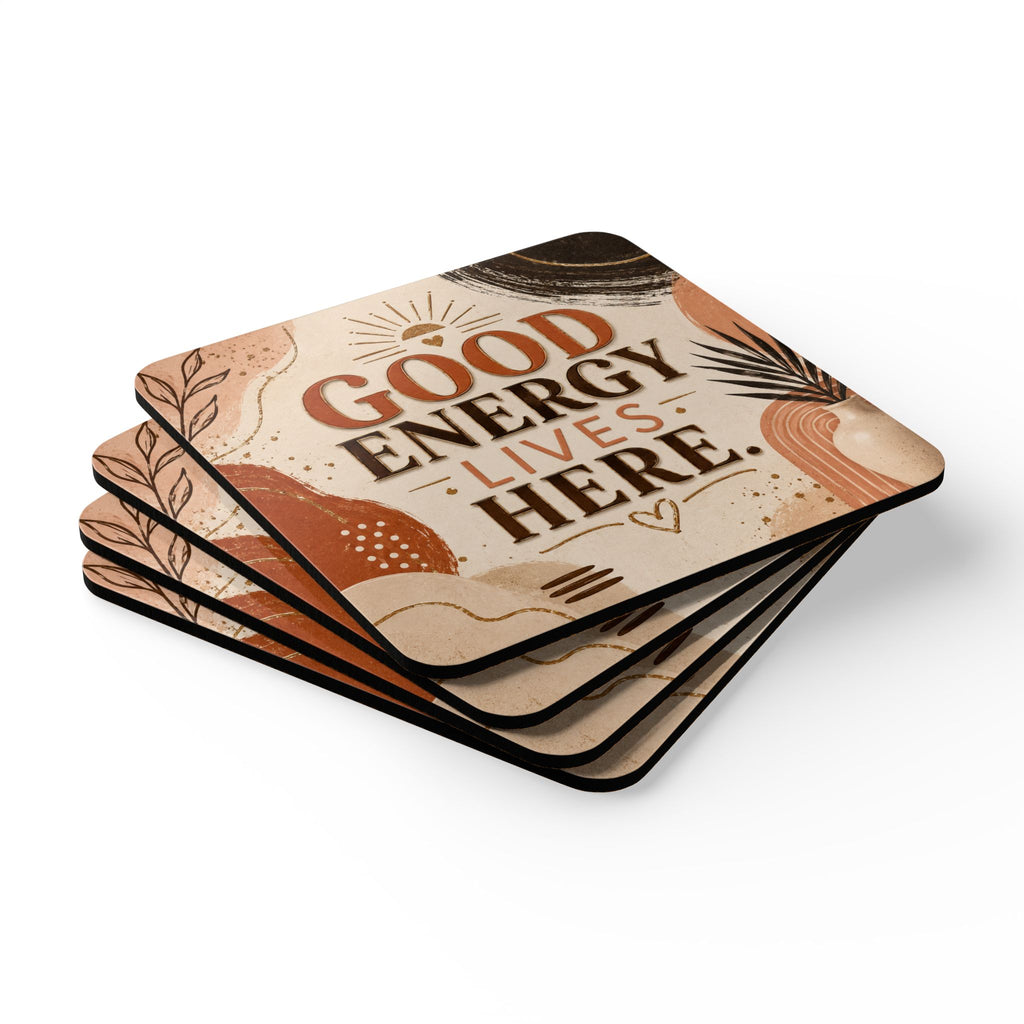 Cork Coaster Set — "Good Energy Lives Here" Boho Drink Coasters (Set)