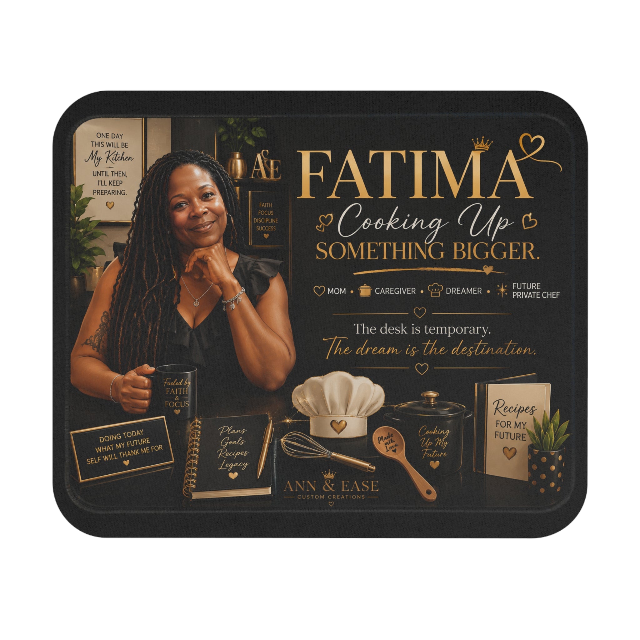 Personalized Cooking Mouse Pad — “Fatima: Cooking Up Something Bigger” Inspirational Kitchen Desk Mat
