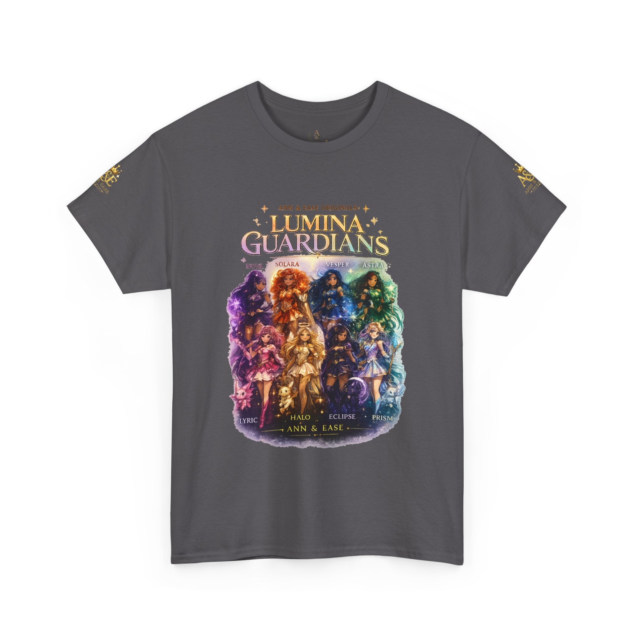 Camiseta gráfica Lumina Guardians — Camiseta con diseño de póster de personaje de fantasía a todo color