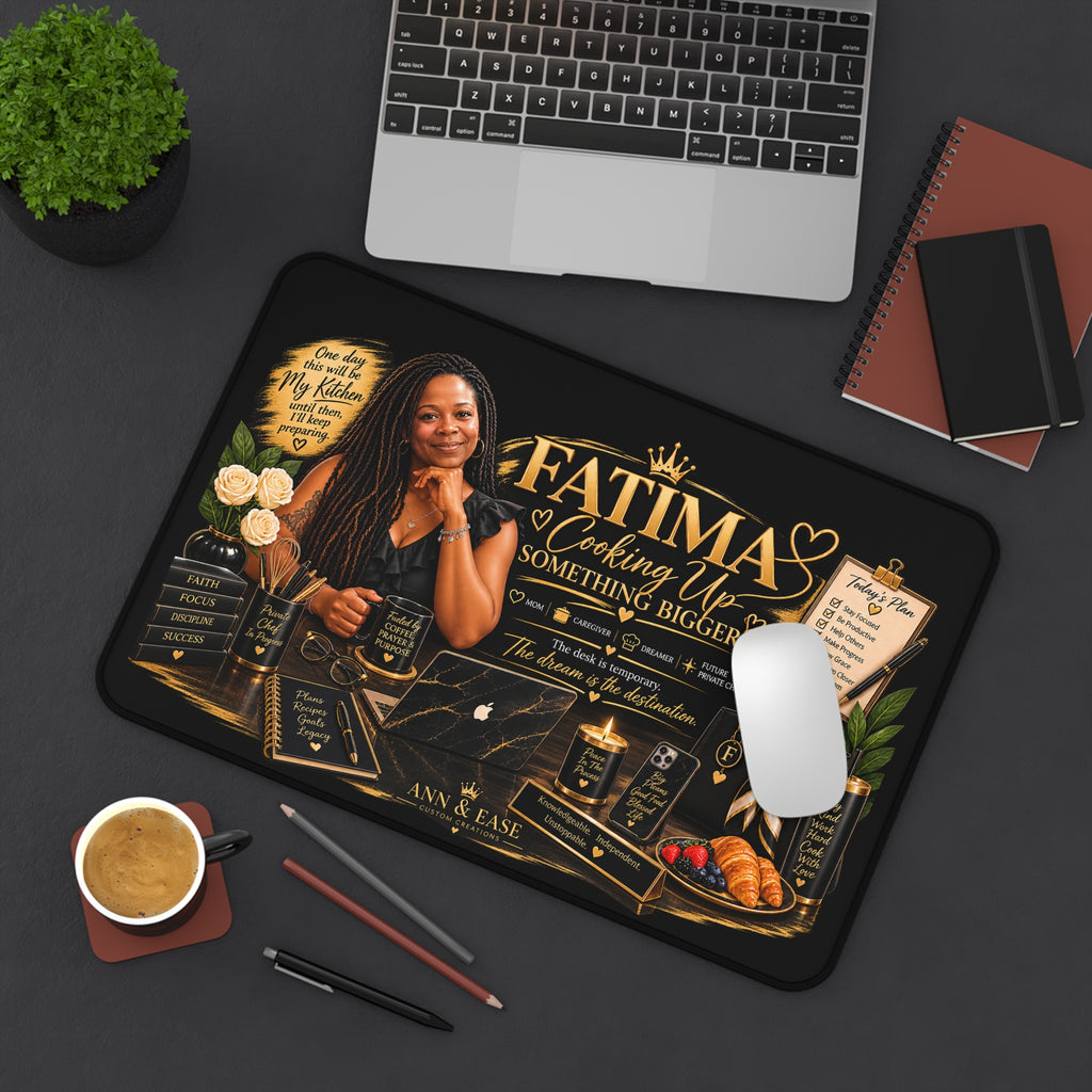 Personalized 'Fatima Cooking Up Something Bigger' Desk Mat — Custom Chef Inspired Mousepad for Home Cooks & Small Business Owners