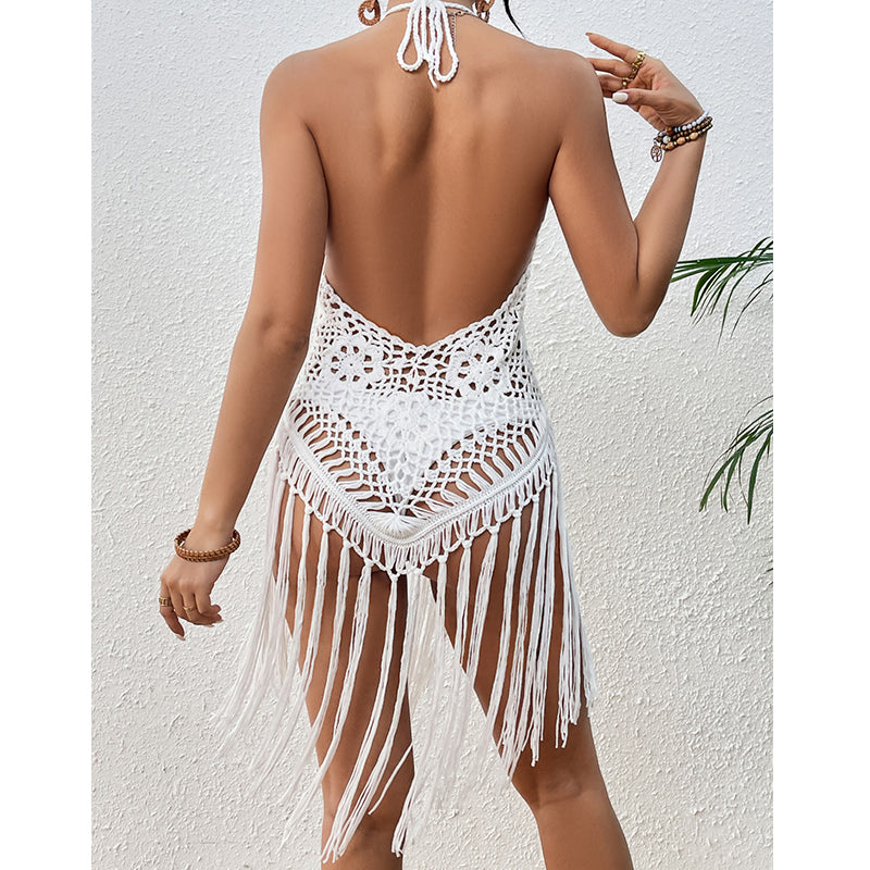 Vacaciones en la playa Sexy espalda descubierta ganchillo a mano con cordones ahuecados borla bikini top corto Aguja de ganchillo