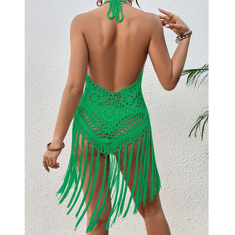 Vacaciones en la playa Sexy espalda descubierta ganchillo a mano con cordones ahuecados borla bikini top corto Aguja de ganchillo