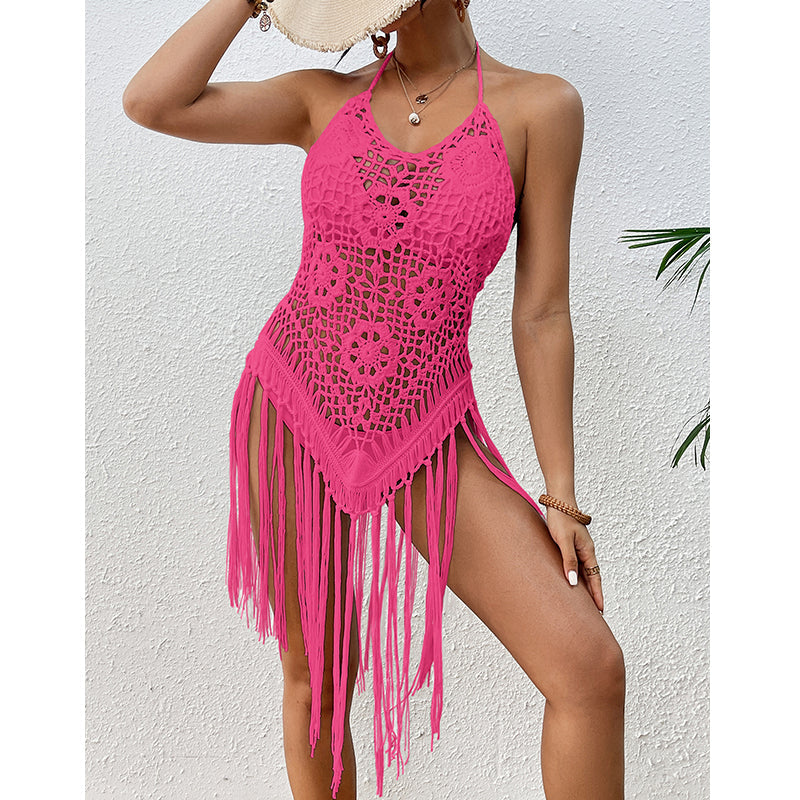 Vacaciones en la playa Sexy espalda descubierta ganchillo a mano con cordones ahuecados borla bikini top corto Aguja de ganchillo