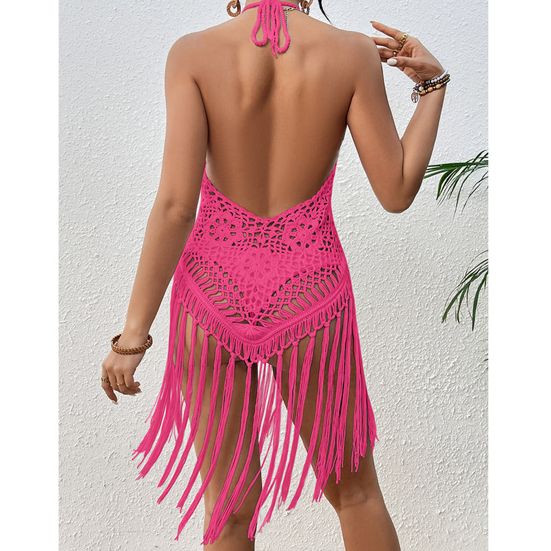 Vacaciones en la playa Sexy espalda descubierta ganchillo a mano con cordones ahuecados borla bikini top corto Aguja de ganchillo