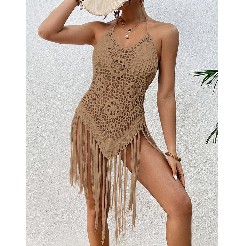 Vacaciones en la playa Sexy espalda descubierta ganchillo a mano con cordones ahuecados borla bikini top corto Aguja de ganchillo