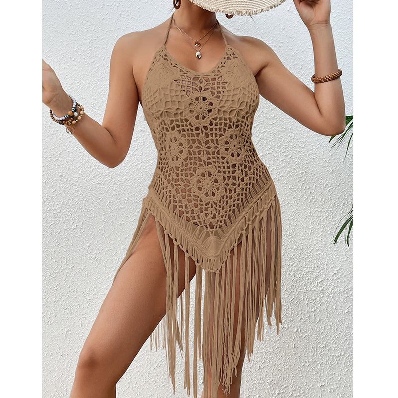 Vacaciones en la playa Sexy espalda descubierta ganchillo a mano con cordones ahuecados borla bikini top corto Aguja de ganchillo