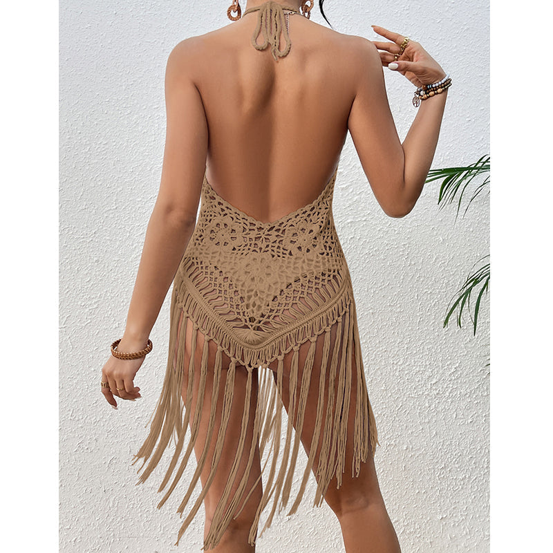 Vacaciones en la playa Sexy espalda descubierta ganchillo a mano con cordones ahuecados borla bikini top corto Aguja de ganchillo