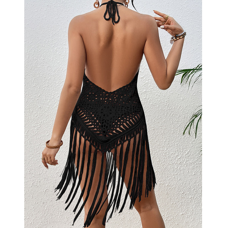 Vacaciones en la playa Sexy espalda descubierta ganchillo a mano con cordones ahuecados borla bikini top corto Aguja de ganchillo