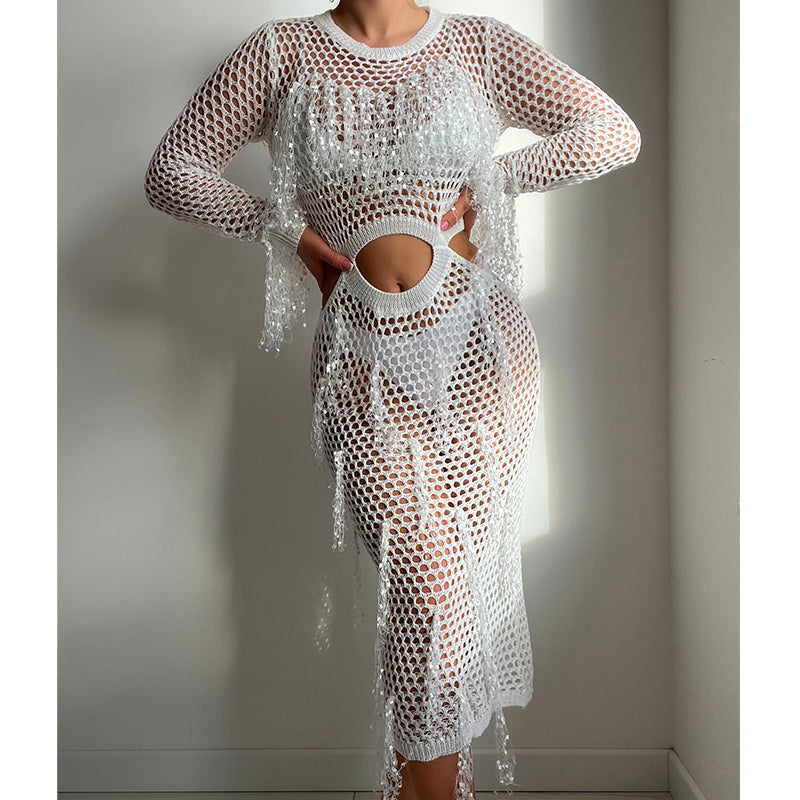 Hueca Recortada Tejida con Lentejuelas y Borlas, Cuello Redondo, Top Corto, Manga Larga, Vestido de Vacaciones, Blusa de Traje de Baño, Ropa de Protección Solar, Vestido, Ganchillo