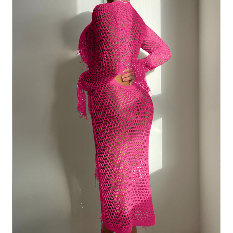 Hueca Recortada Tejida con Lentejuelas y Borlas, Cuello Redondo, Top Corto, Manga Larga, Vestido de Vacaciones, Blusa de Traje de Baño, Ropa de Protección Solar, Vestido, Ganchillo