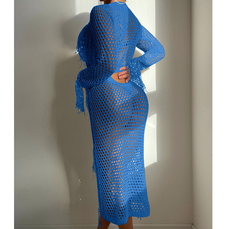 Hueca Recortada Tejida con Lentejuelas y Borlas, Cuello Redondo, Top Corto, Manga Larga, Vestido de Vacaciones, Blusa de Traje de Baño, Ropa de Protección Solar, Vestido, Ganchillo