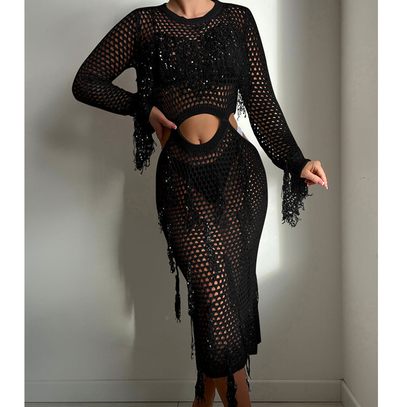 Hueca Recortada Tejida con Lentejuelas y Borlas, Cuello Redondo, Top Corto, Manga Larga, Vestido de Vacaciones, Blusa de Traje de Baño, Ropa de Protección Solar, Vestido, Ganchillo