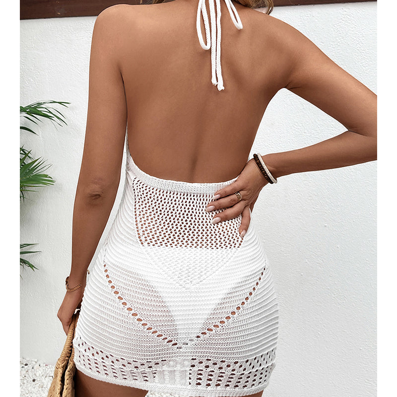 Ganchillo para vestido de playa con cuello en U profundo sin espalda con textura recortada hueca de encaje con cuello halter sexy