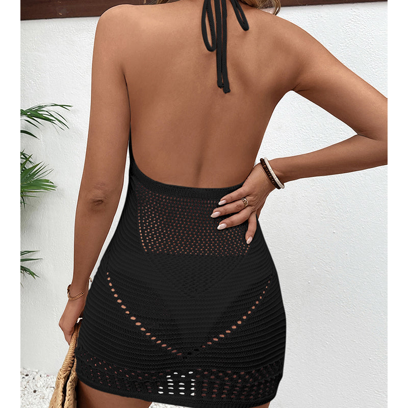 Ganchillo para vestido de playa con cuello en U profundo sin espalda con textura recortada hueca de encaje con cuello halter sexy