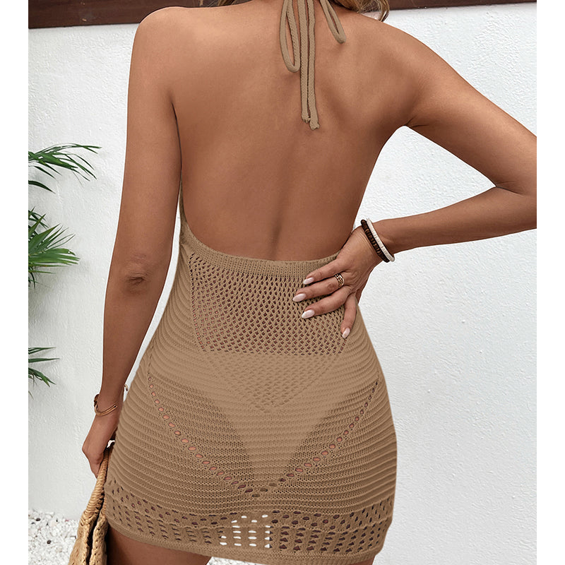 Ganchillo para vestido de playa con cuello en U profundo sin espalda con textura recortada hueca de encaje con cuello halter sexy