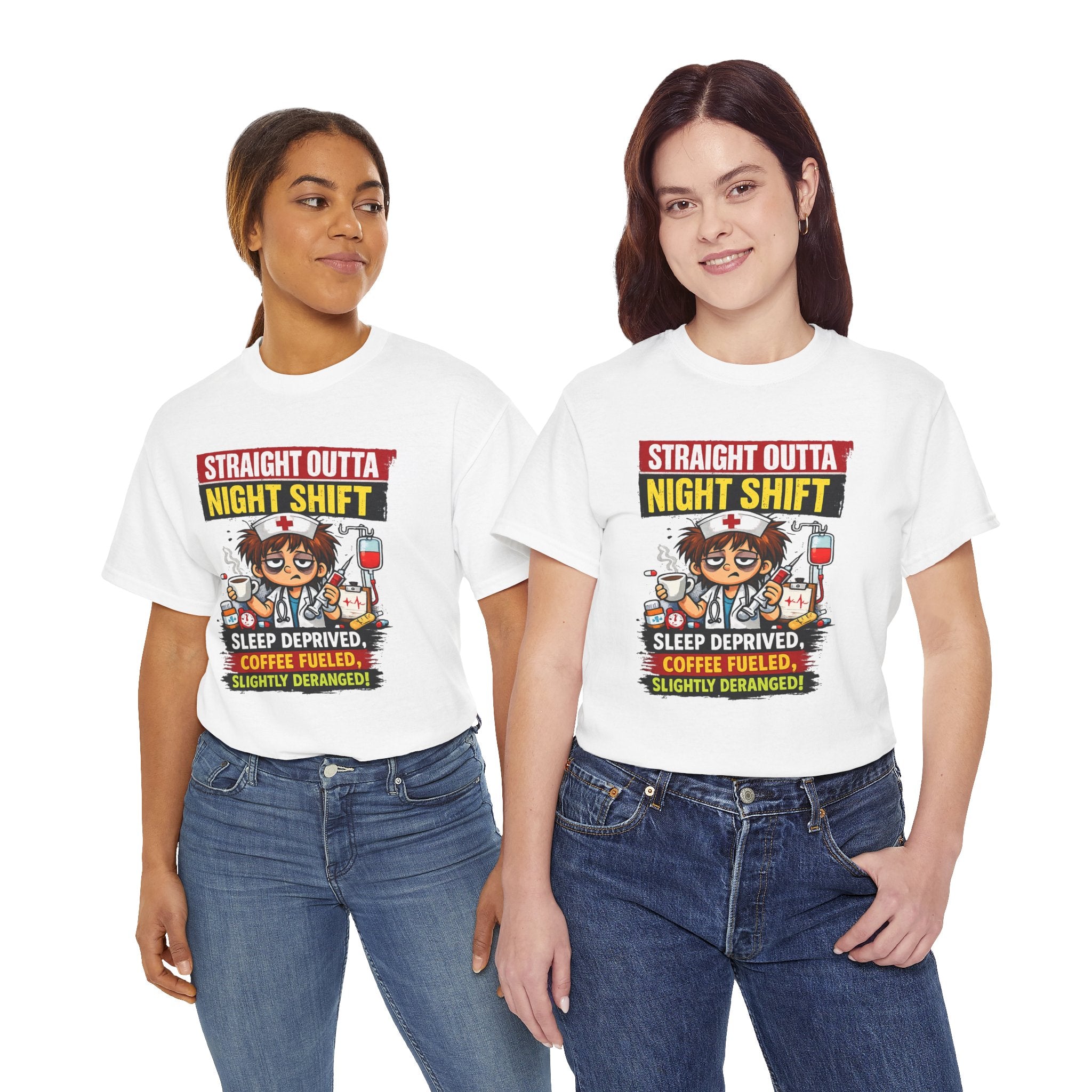 Straight Outta Night Shift Nurse T-Shirt — Sleep Deprived, Coffee Fueled Healthcare Tee