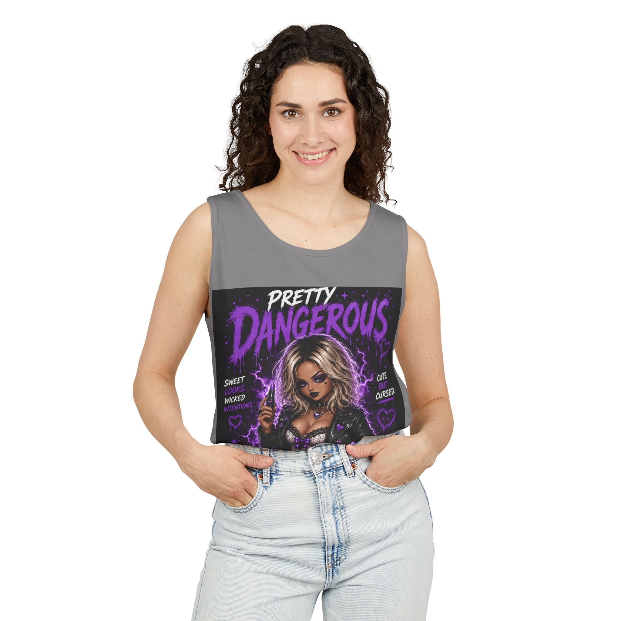 Camiseta sin mangas estampada — Ilustración gótica "Bastante peligrosa / Linda pero maldita"
