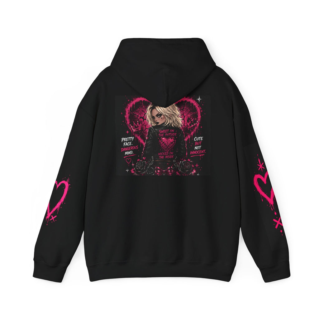 Sudadera con capucha gótica rosa corazón — Sudadera con estampado "Bonita, Falsa, Linda pero Malvada"