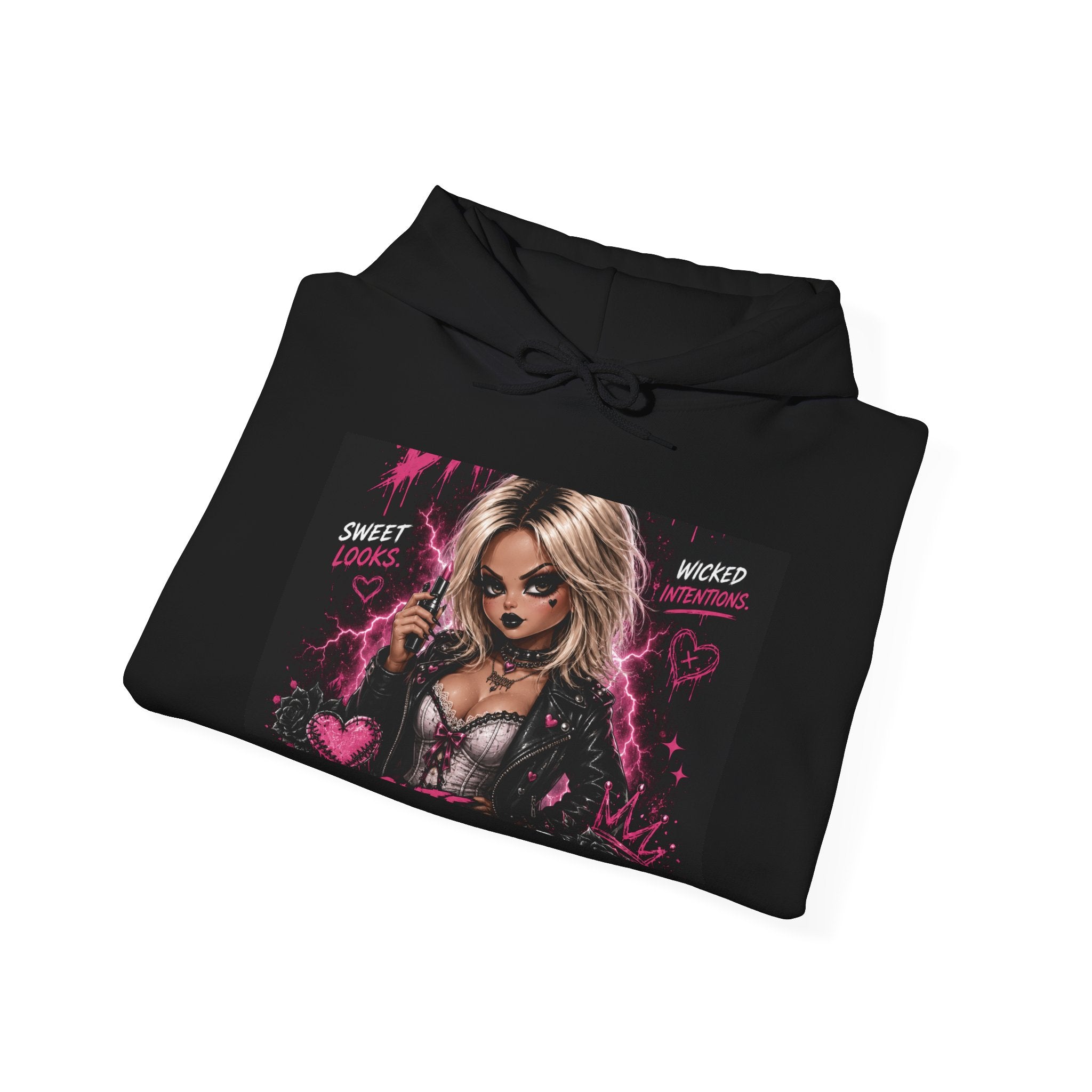 Sudadera con capucha gótica rosa corazón — Sudadera con estampado "Bonita, Falsa, Linda pero Malvada"