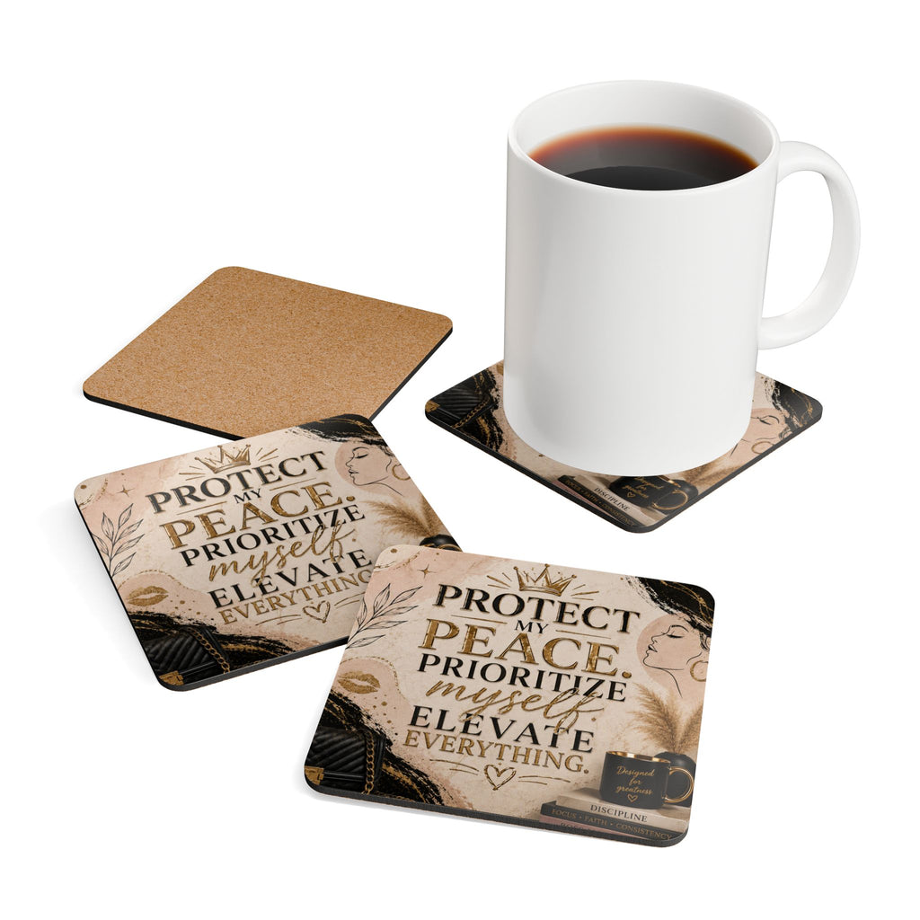 Cork Coaster Set - "Protect My Peace" Inspirational Motivational Drink Coasters