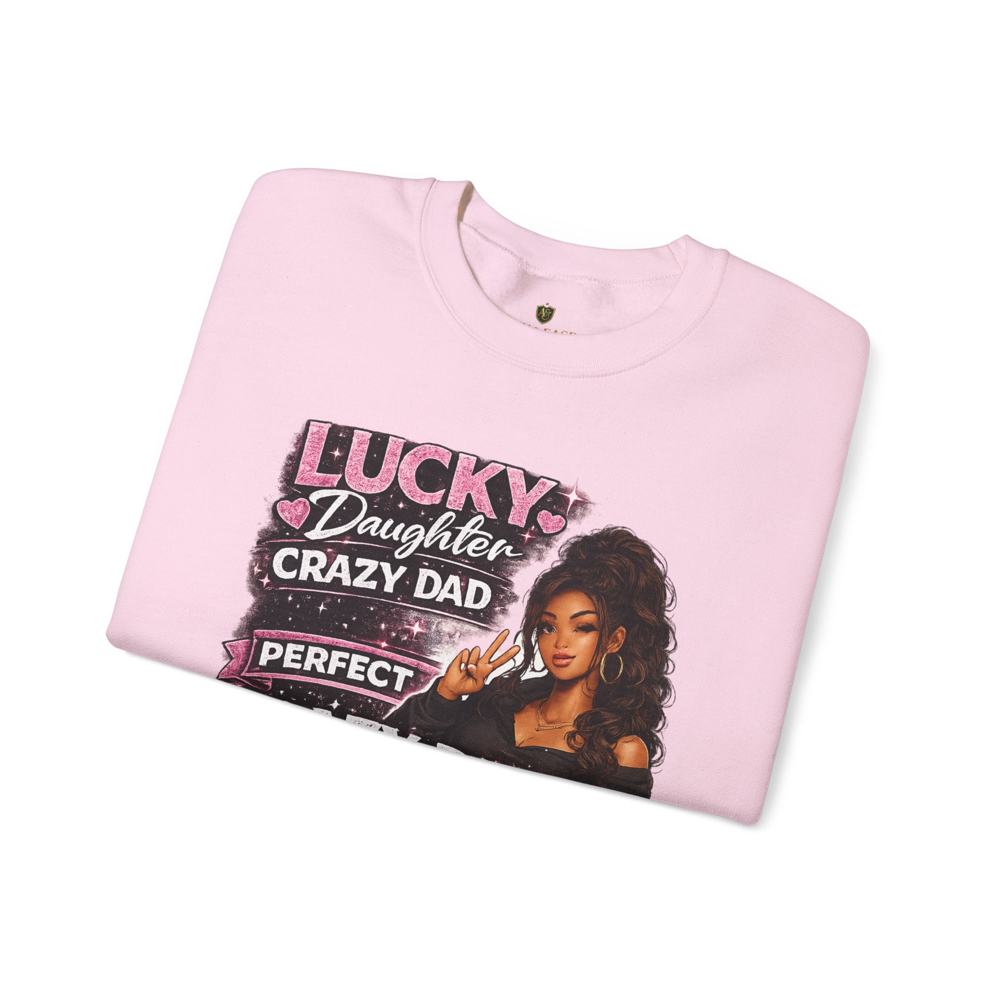 Crewneck Sweatshirt — "Lucky Daughter, Crazy Dad" Pink Graphic Father-Daughter Pullover