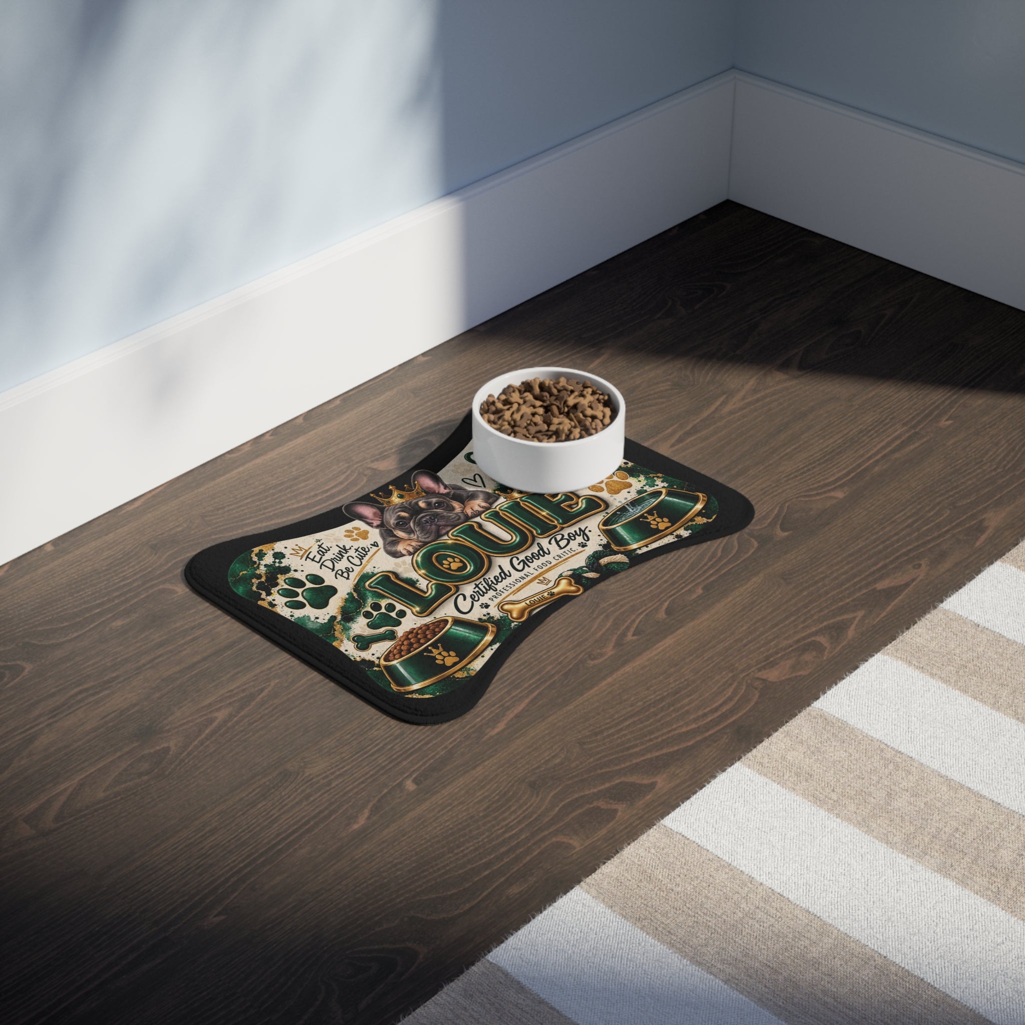 Personalized 'Louie' Dog Feeding Mat — "Certified Good Boy" Non-Slip Pet Placemat