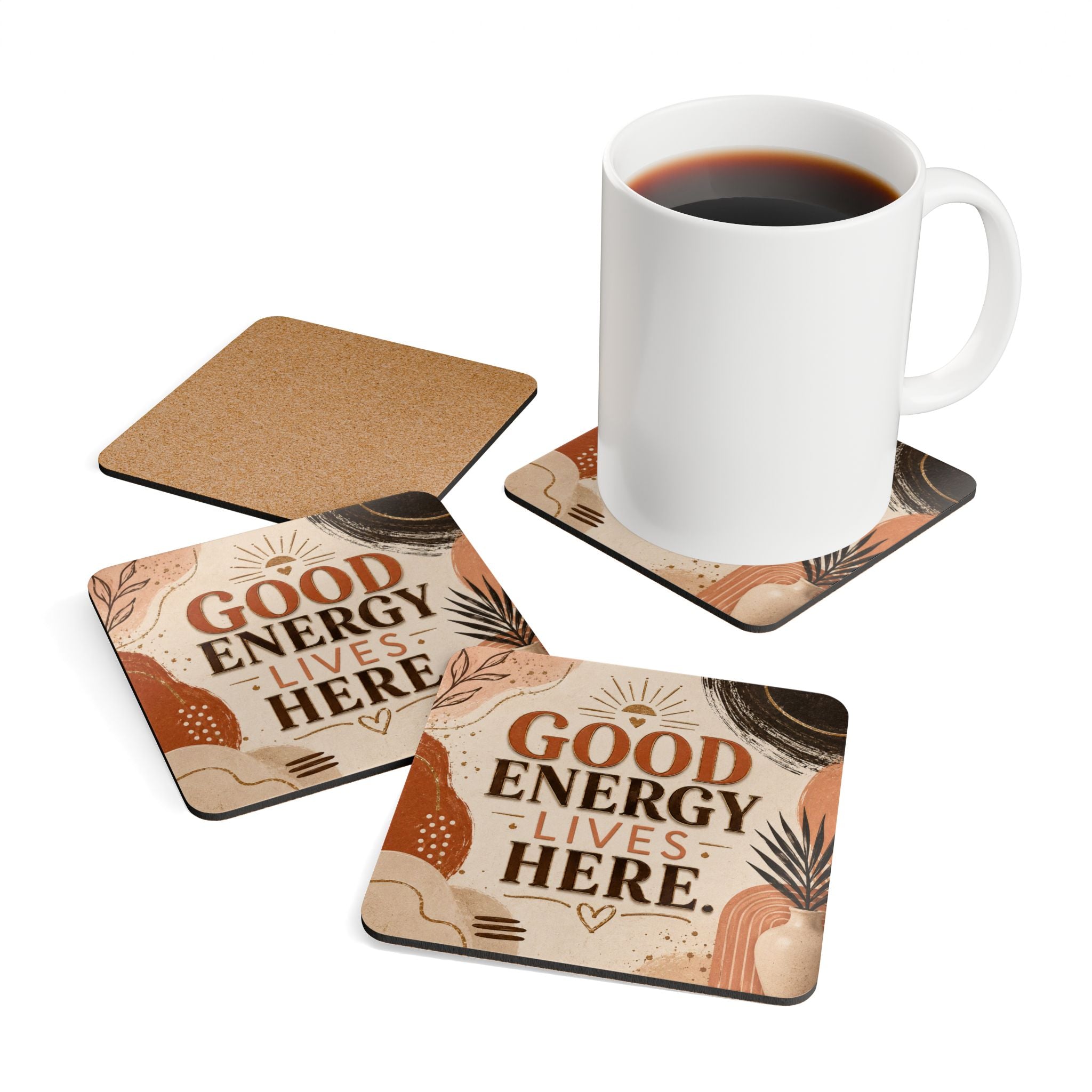 Cork Coaster Set — "Good Energy Lives Here" Boho Drink Coasters (Set)
