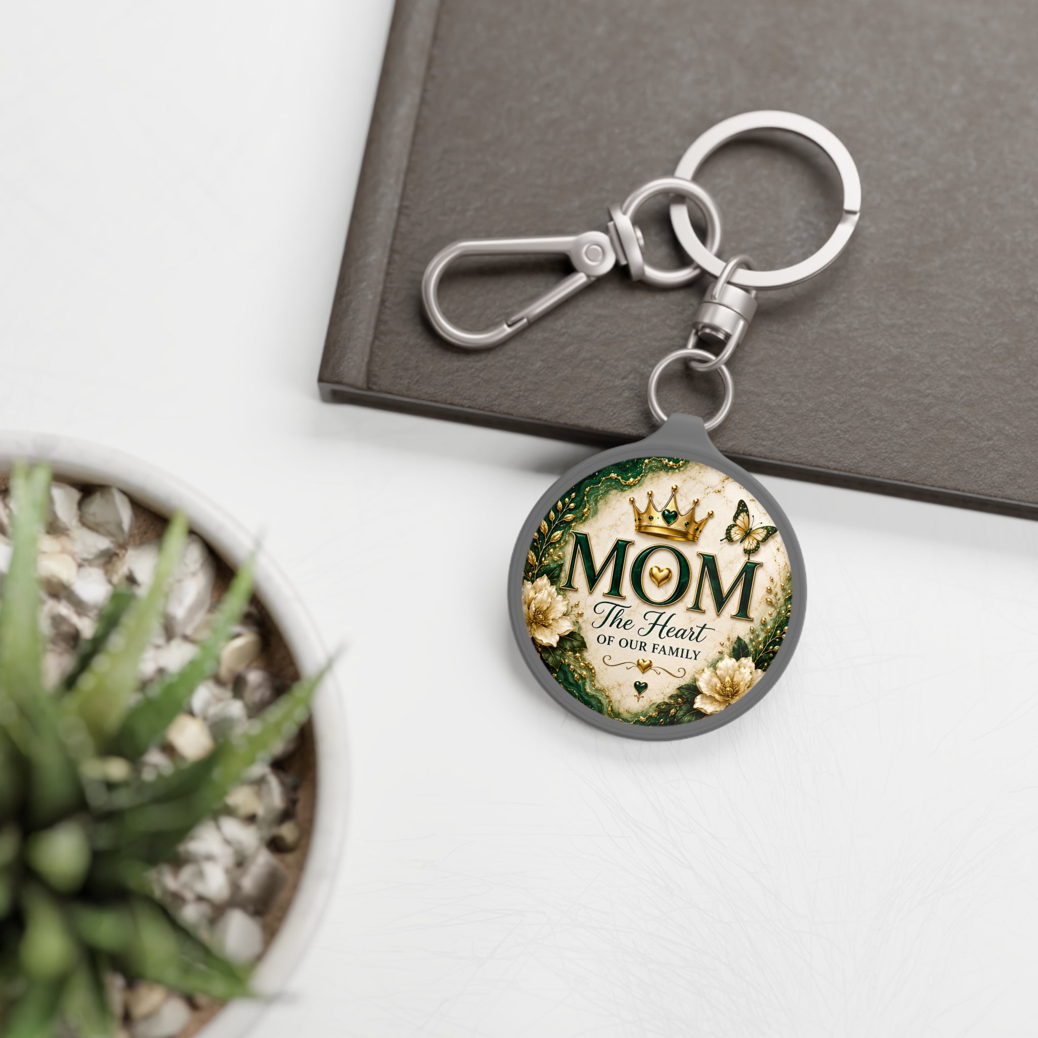 Keyring Tag - "MOM The Heart of Our Family" Floral Crowned Mom Keychain