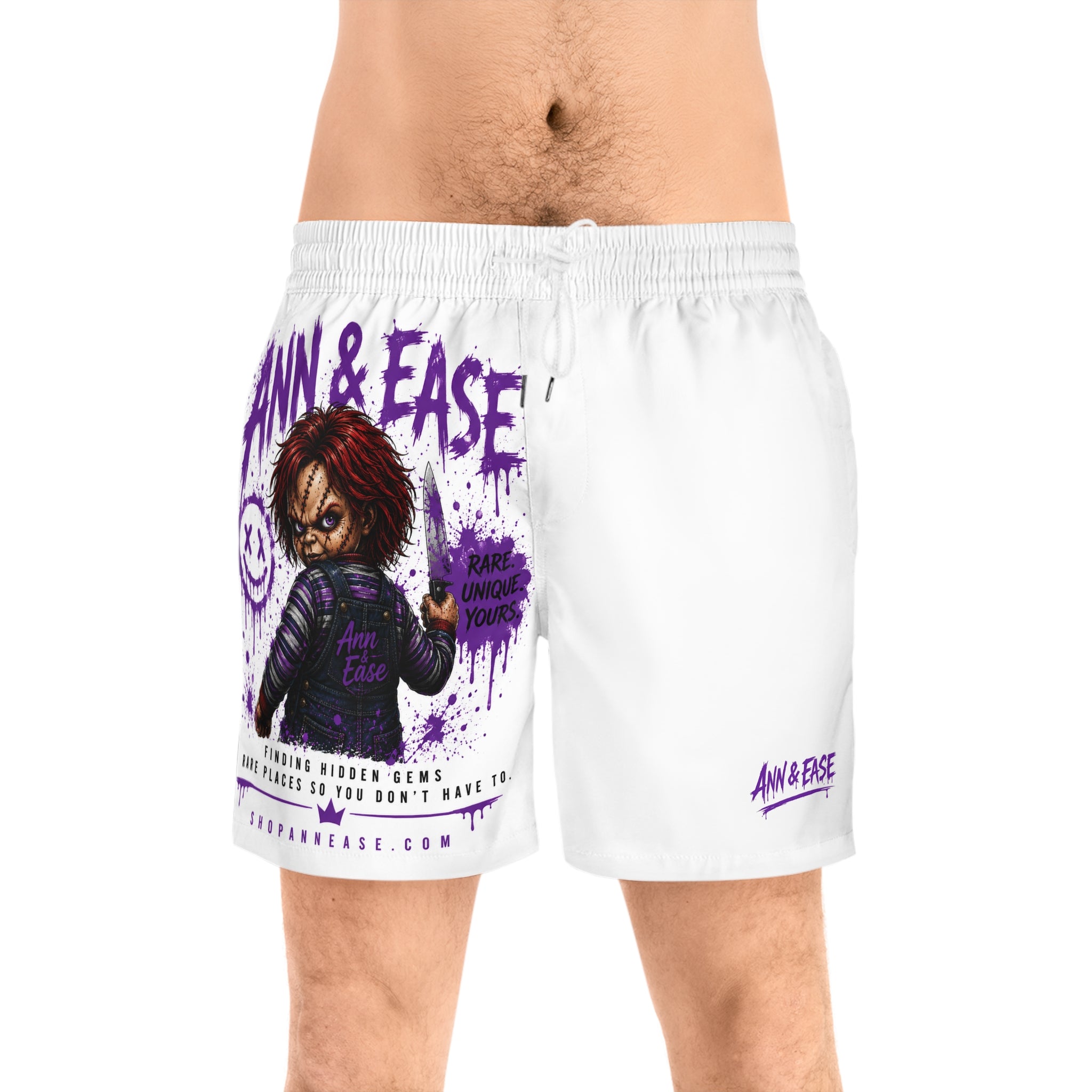 Chucky Style Graphic Swim Shorts — Ann & Ease Horror Beach Trunks