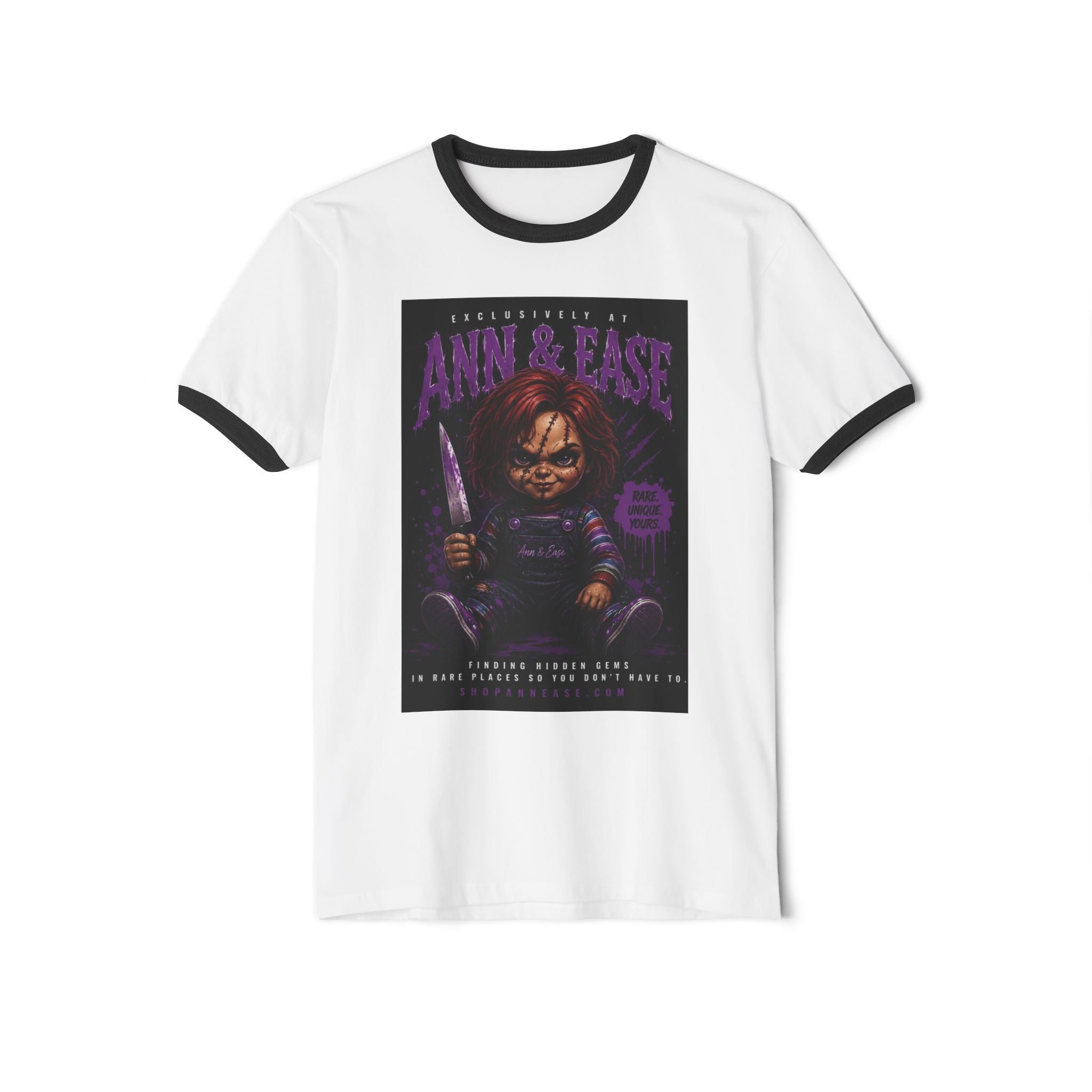 Horror Movie T-Shirt — "Ann & Ease" Chucky-Inspired Graphic Ringer Tee