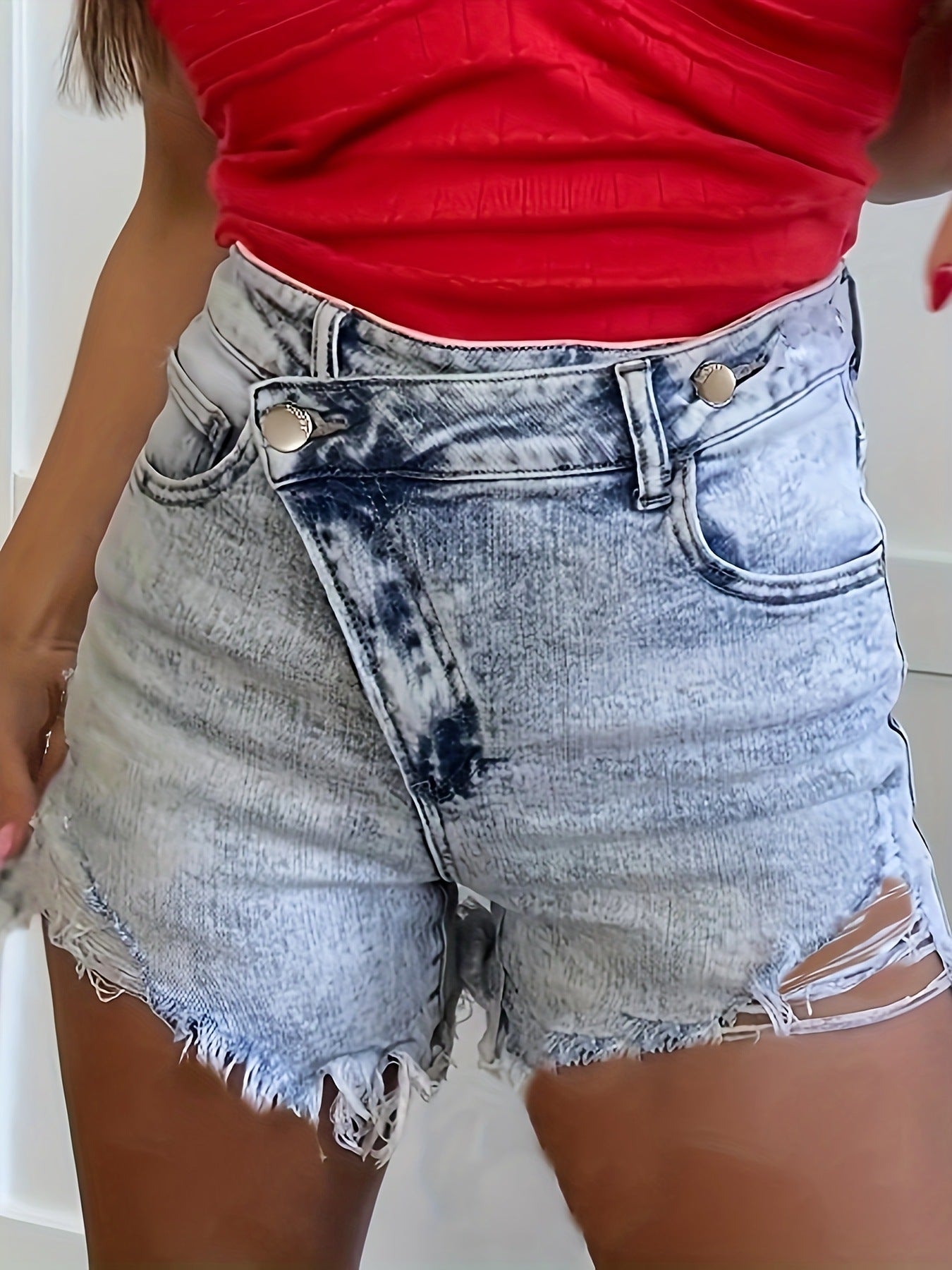 Ladies Asymmetric Hem Stretch Light Blue High Low Button Ripped Snowflake Denim Shorts