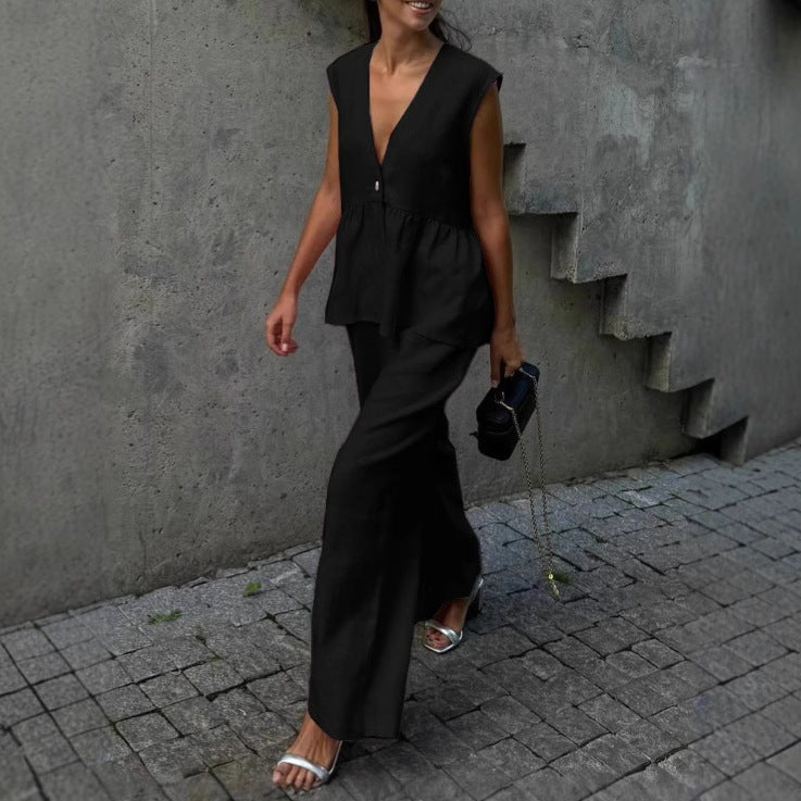 Women’s Cotton V-Neck Sleeveless Vest and Wide-Leg Pants Set