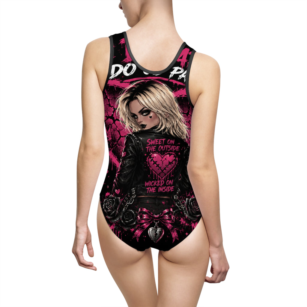 Traje de baño de una pieza gótico rosa punk para mujer – "Dulce por fuera, malvada por dentro"